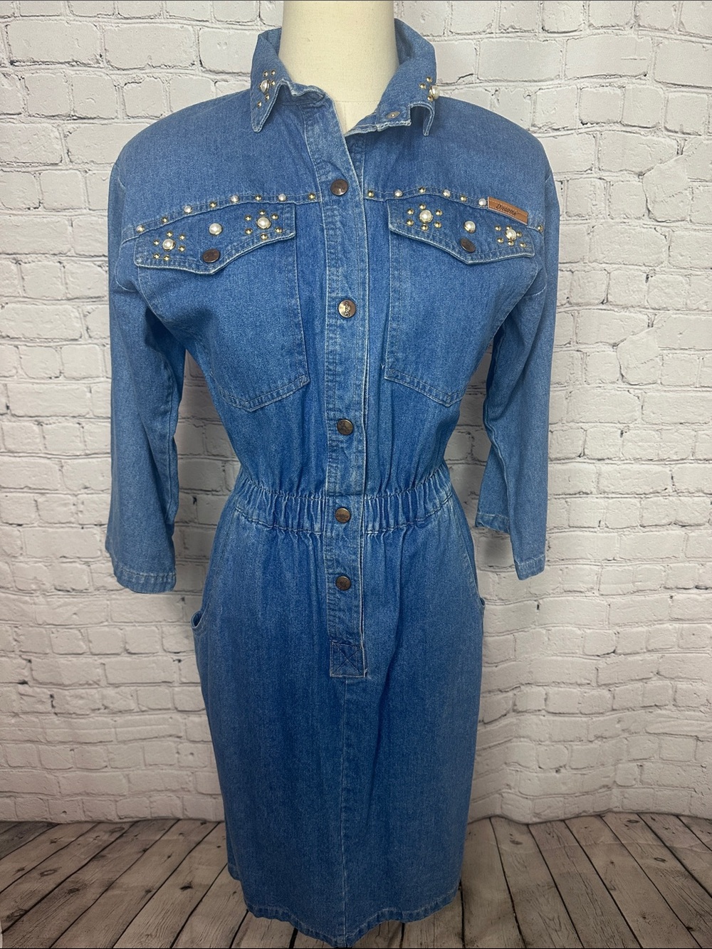 Vintage Dreams Pearl Studded Denim Western Midi Dress Size Medium